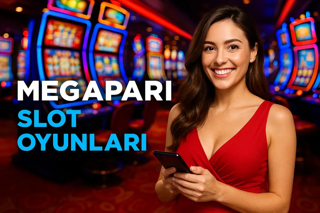 Megapari Slot Oyunları Megapari slot makineleri, jackpot yazısı, 7 sembolleri ve renkli taşlarla casino görseli